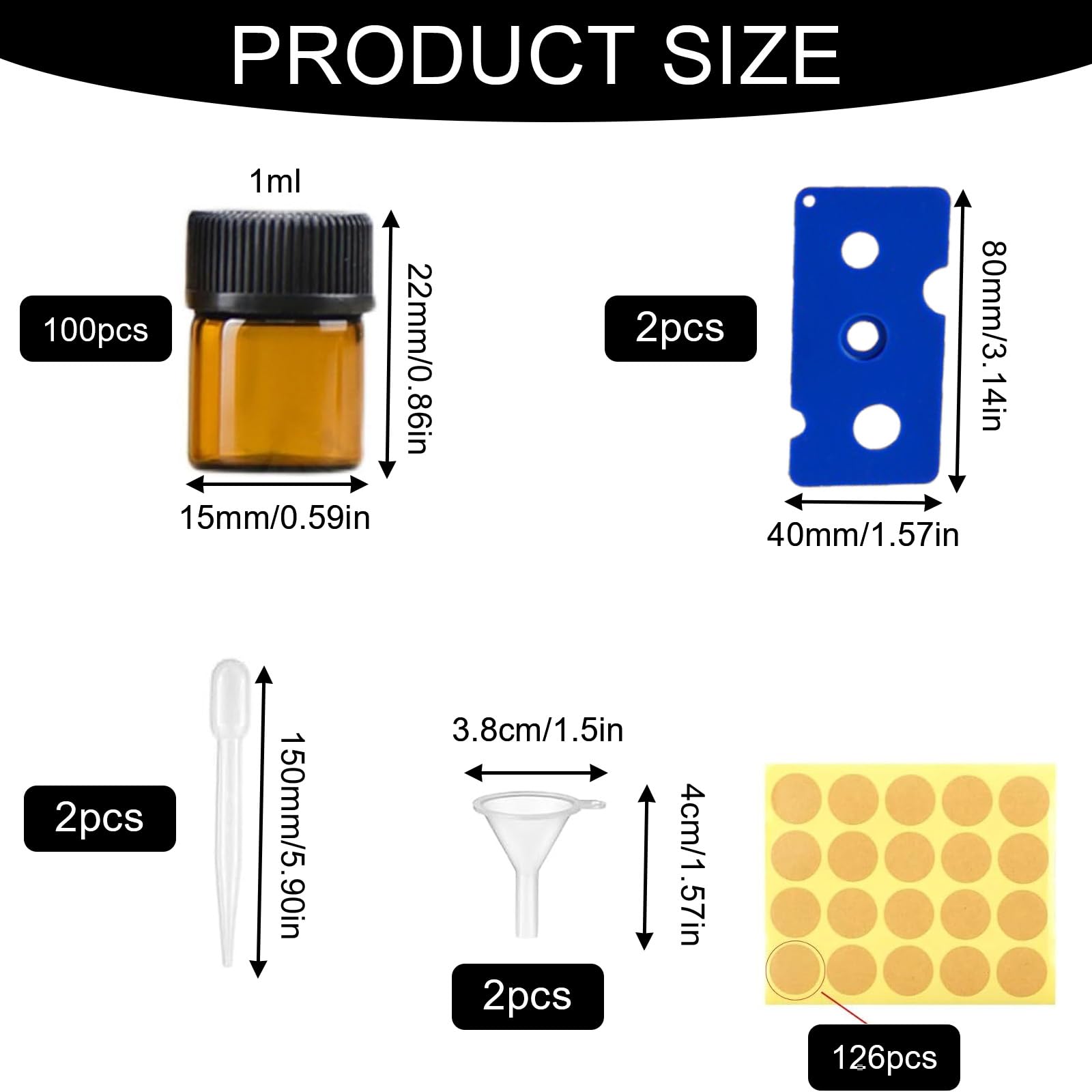Mini Botellas de Aceite Esencial Vacías de Vidrio Ámbar 1ml, 100 pcs con Pipetas y Embudos
