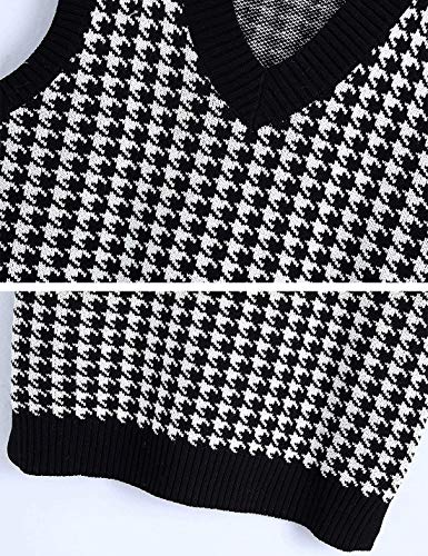 Locachy Women's Houndstooth Pattern Preppy Style V-Neck Sleeveless Knit Pullover Sweater Vest Black L #TOP2