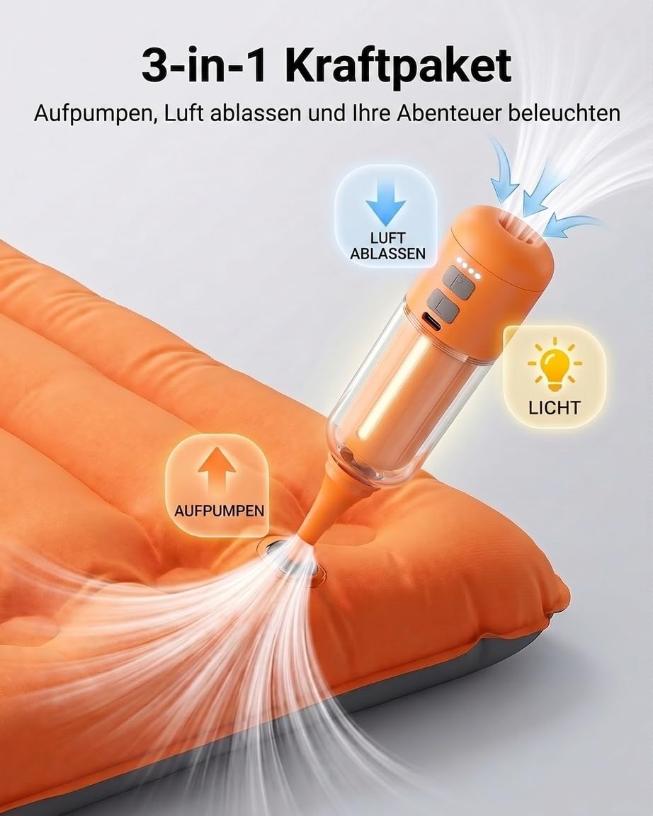 Elektrische Luftpumpe Akku, 4000 Pa Mini Luftpumpe 430 L/min, Tragbare Air Pump mit 5 Düsen & LED-Licht, 2-in-1 Aufblasen & Entleeren, für Camping, Luftmatratze, Schwimmring, Vakuumbeutel