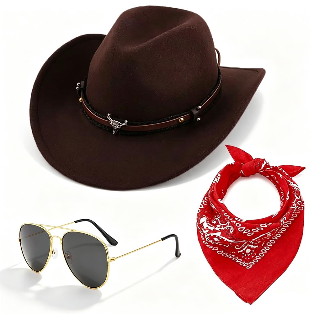 Cowboy Hat, 3PCS Western Cowboy Costume Accessories for Adults Cowgirl Hat Fancy Dress Accessory Set with Bandana Glasses Western Hats for Halloween Birthday Cosplay Party Carnival(Coffee Color) — image 1