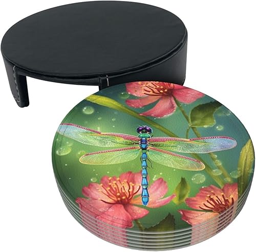 Miniatura 3 de Juego de 6 posavasos de cuero con soporte para bebidas con estampado de libélulas y flores, posavasos redondos para decoración de mesa auxiliar