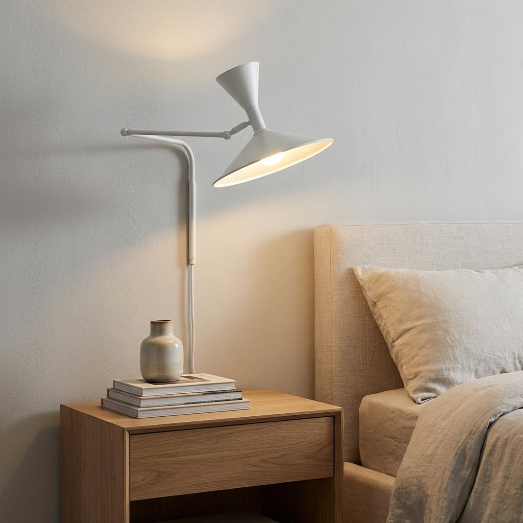 BARCELONA LED Lampada da Parete Industriale Grande 40 cm, Applique a Braccio Articolato, Stile Vintage e Moderno, Paralume in Metallo Bianco Interno Bianco, per Ristorante, Scale e Camera