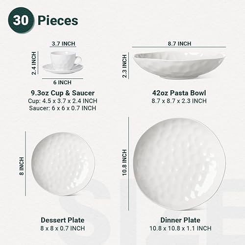 Miniatura 2 de HOMBENE - Juego de vajilla blanca de 30 piezas para 6, juegos de vajilla de porcelana, juegos de platos de gran tamaño para ensalada de postre y