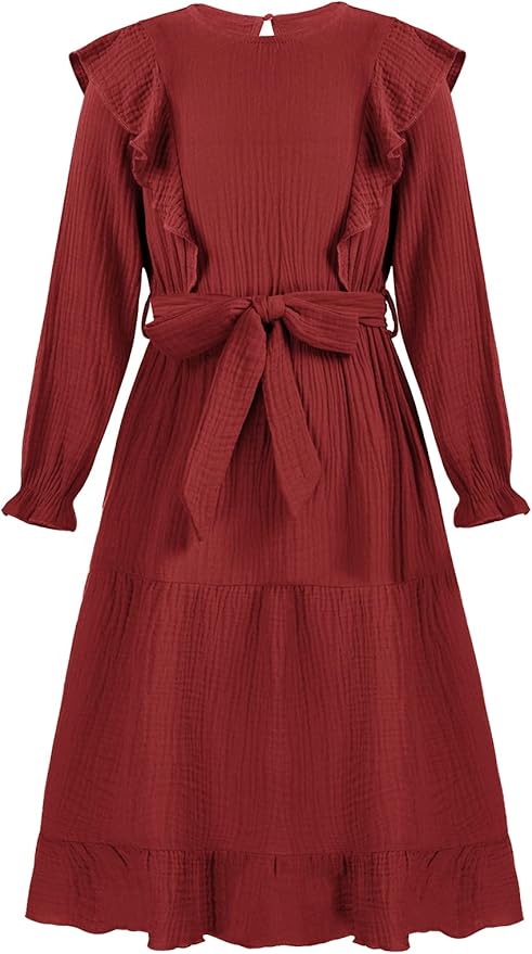 GRACE KARIN Girls Ruffle Cotton Dress Girls Long Sleeve Crew Neck Tiered A-Line Dress