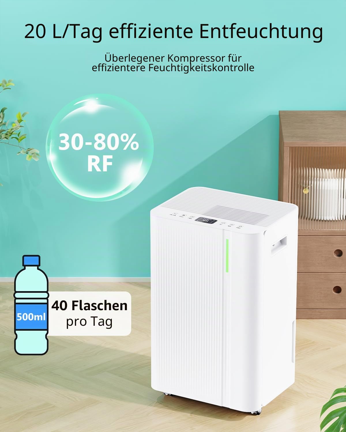 Luftentfeuchter 20L/24h, Elektrischer Entfeuchter mit Kompressor, 3 Modi, Leise und Energiesparend, Kontinuierliche Entwässerung, Tank 5 L, 24-Stunden-Timer, Luftentfeuchter für zu Hause