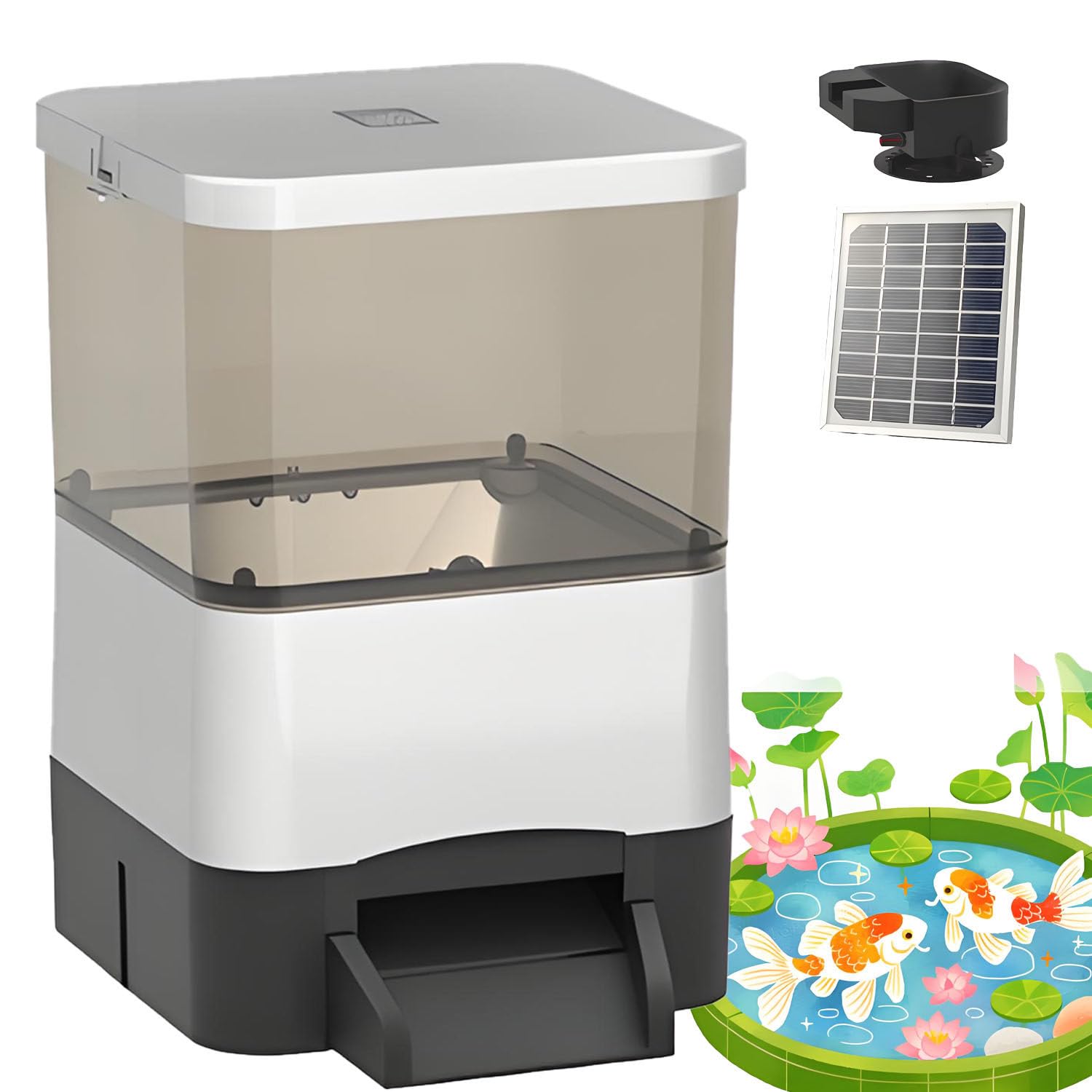 BOOZXCV Solar Automatic Fish Feeder - 120° Wide Dispersion Timer & Large Capacity Dispenser for Koi, Goldfish & Outdoor Ponds - Ideal Fish Food Dispenser for Aquariums (Silver 10L)