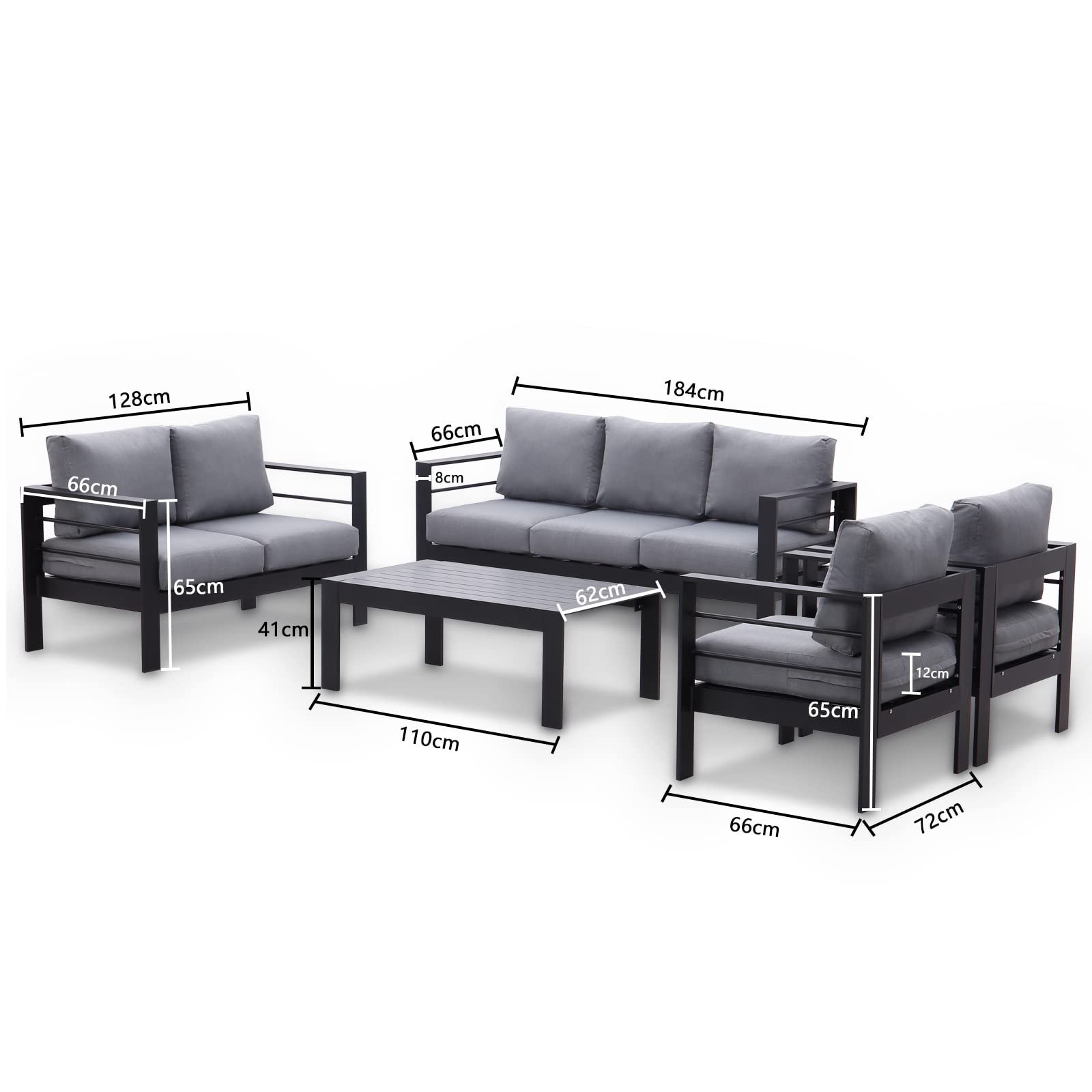 GLP Gartenmöbel Set Aluminium 6-7 Personen, Terassenmöbel Wetterfest mit Sofa, Tisch, Hocker & Kissen, Gartenlounge Set für Innen- und Außenbereich (Schwarz & Dunkelgrau)
