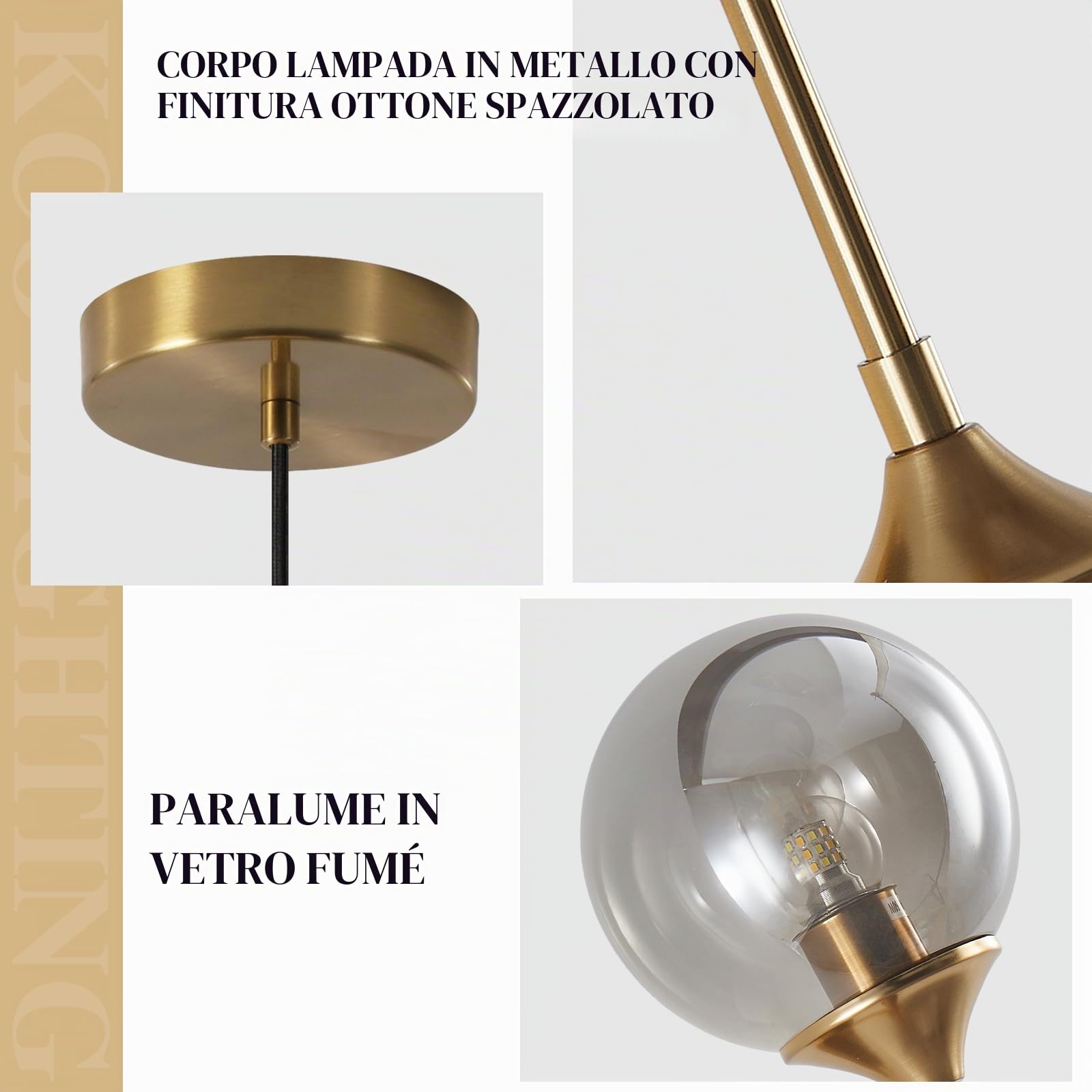 KCO Lampada a Sospensione Globo di Vetro Moderno Lampada a 1 Luce Grigio Fumo Luce a Sospensione Oro Regolabile Metà Secolo Apparecchio di Illuminazione per Interni Camera da Letto Bar sala da Pranzo