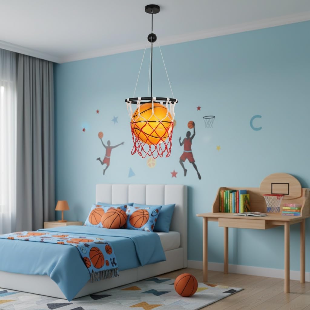 Lampadario Creativo a Tema Basket con Altezza Regolabile in Acrilico E27 Ideale per Cameretta Sala Giochi Bar Camera da Letto e Caffè