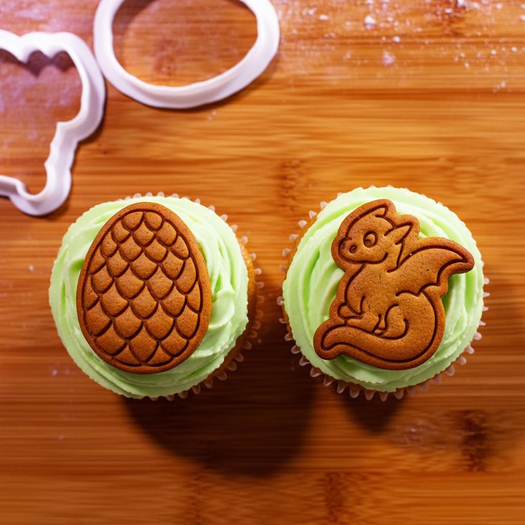 BAKERLOGY Mini Baby Dragon and Dragon Egg Cookie Cutter and Stamp Set (2") – Fantasy-Themed Embosser for Nursery Cookies, Fondant Tool for Mythical Birthday Cupcakes and Baby Shower Cakes
