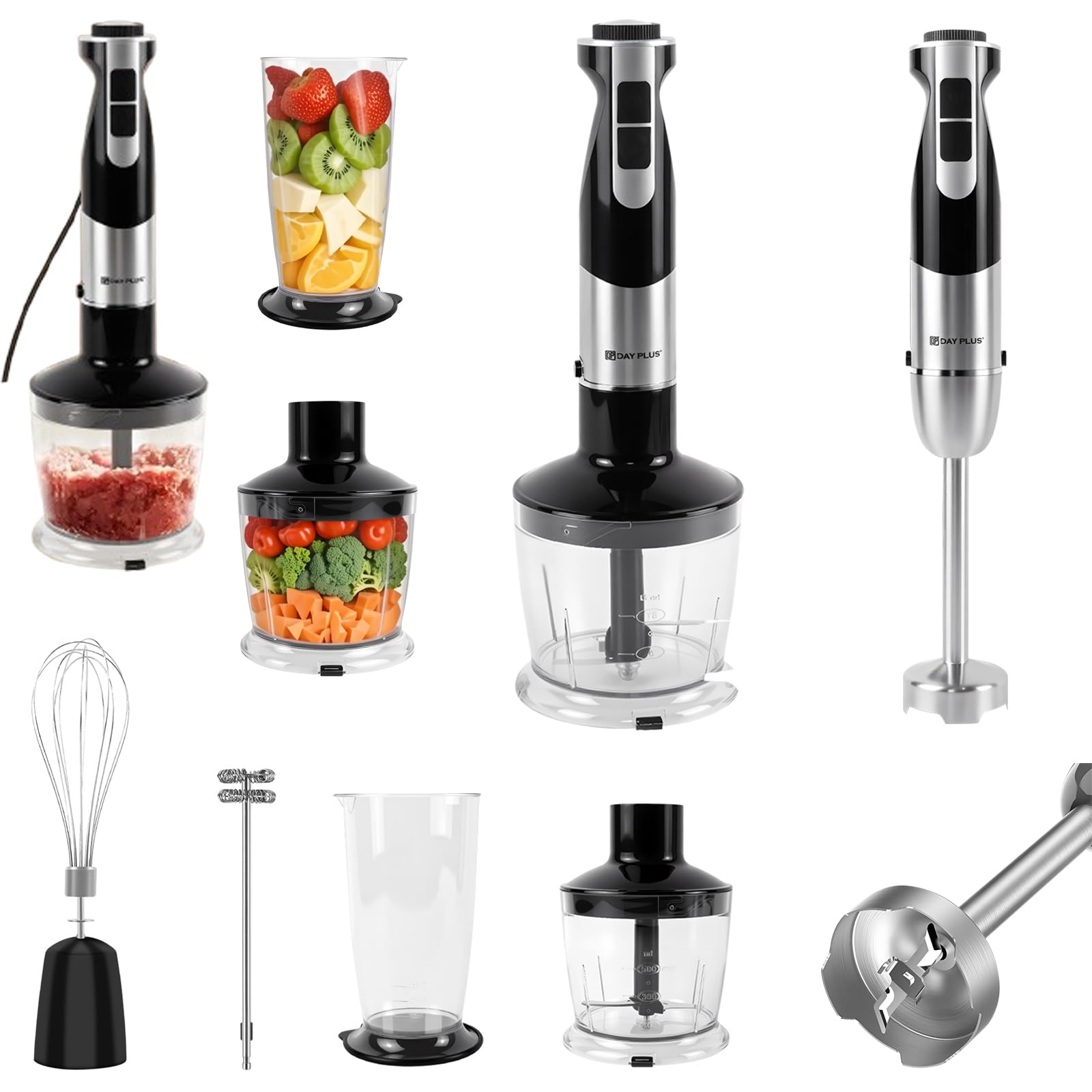 5-In-1 Stainless Steel Hand Blender, 1300W Immersion Hand Blender Set Food Processor Chopper Mixer Bowl Egg Whisk & Beaker, 12 Adjustable Speed & Turbo Mode, Fruit Veg Mini Chopper Kitchen