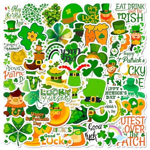 VARACL Lot de 50 autocollants de la Saint-Patrick pour enfants, autocollants imperméables en forme de trèfle irlandais pour bouteilles d'eau, ordinateur portable, guitare, décorations de St Patrick