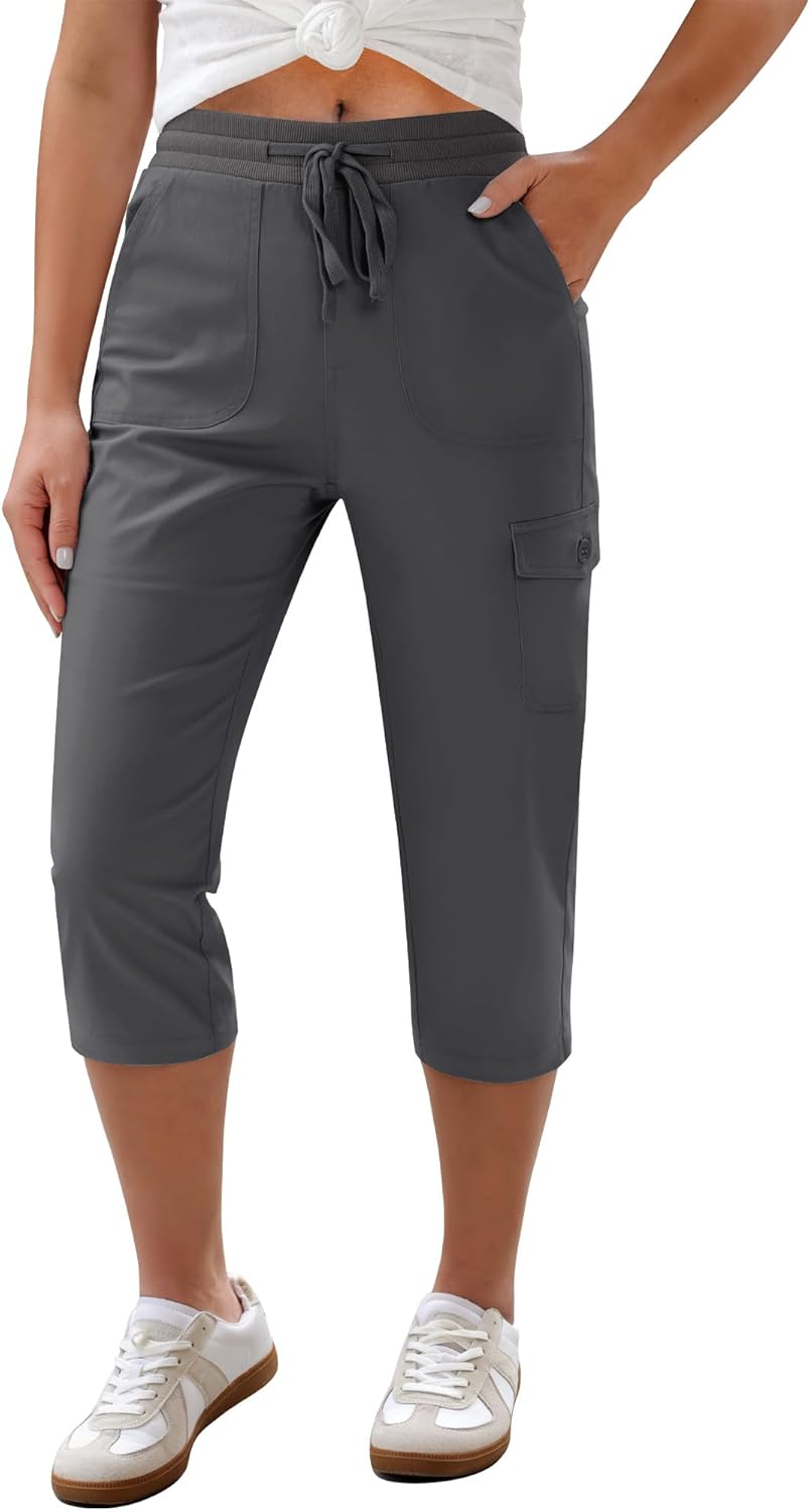 GRAPENT Capri Pants for Women Cargo Elastic Waist Pull On Drawstring Summer Casual Capris Cotton Chino Cropped Pants