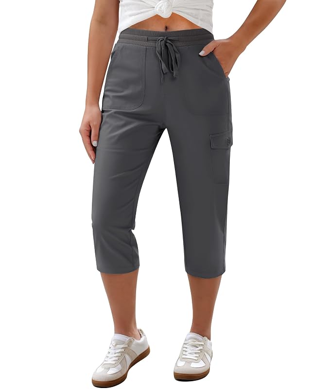 GRAPENT Capri Pants for Women Cargo Elastic Waist Pull On Drawstring Summer Casual Capris Cotton Chino Cropped Pants
