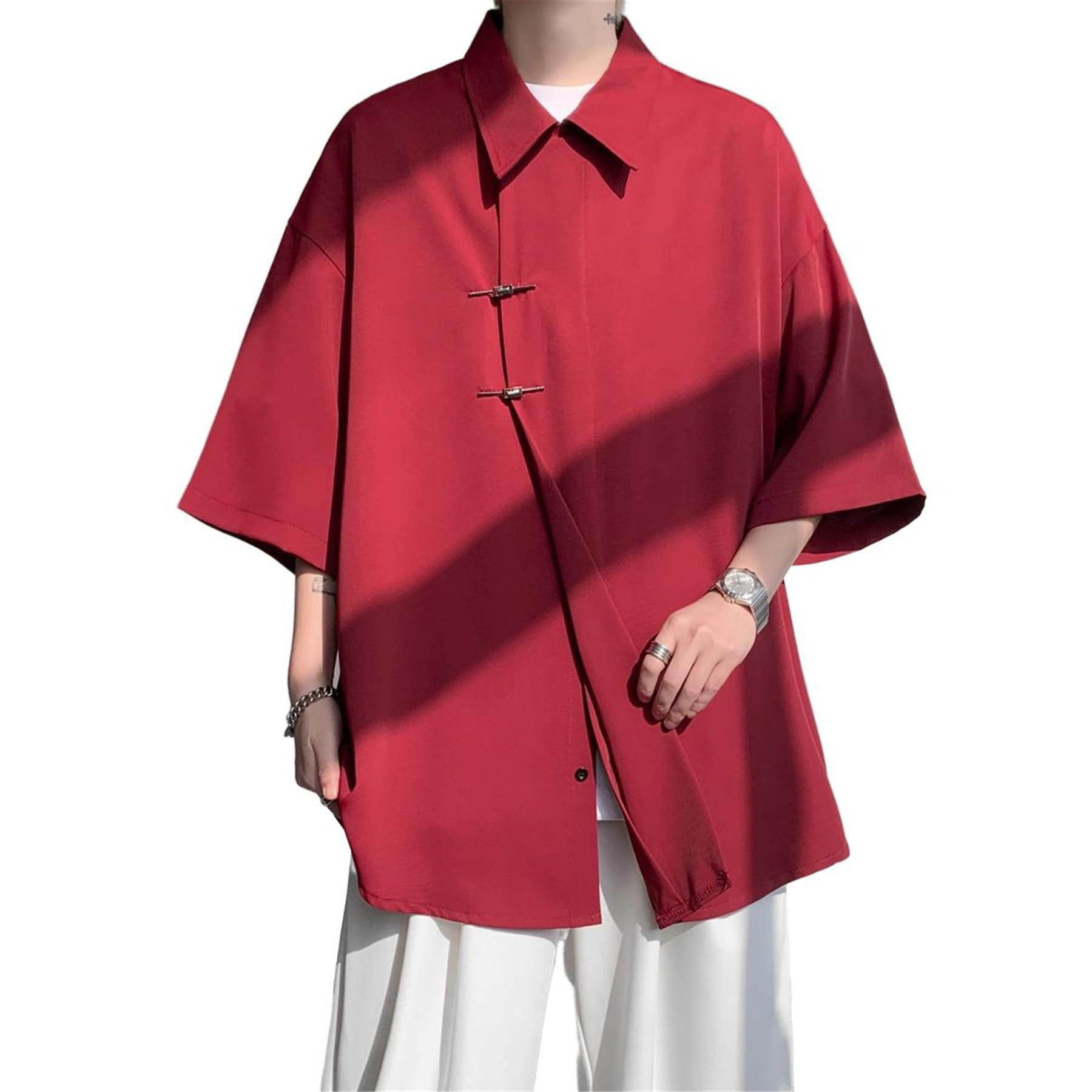 Camisa de Manga Corta para Hombre, Talla Grande, Manga Tres Cuartos, Estilo Verano Holgado.-
