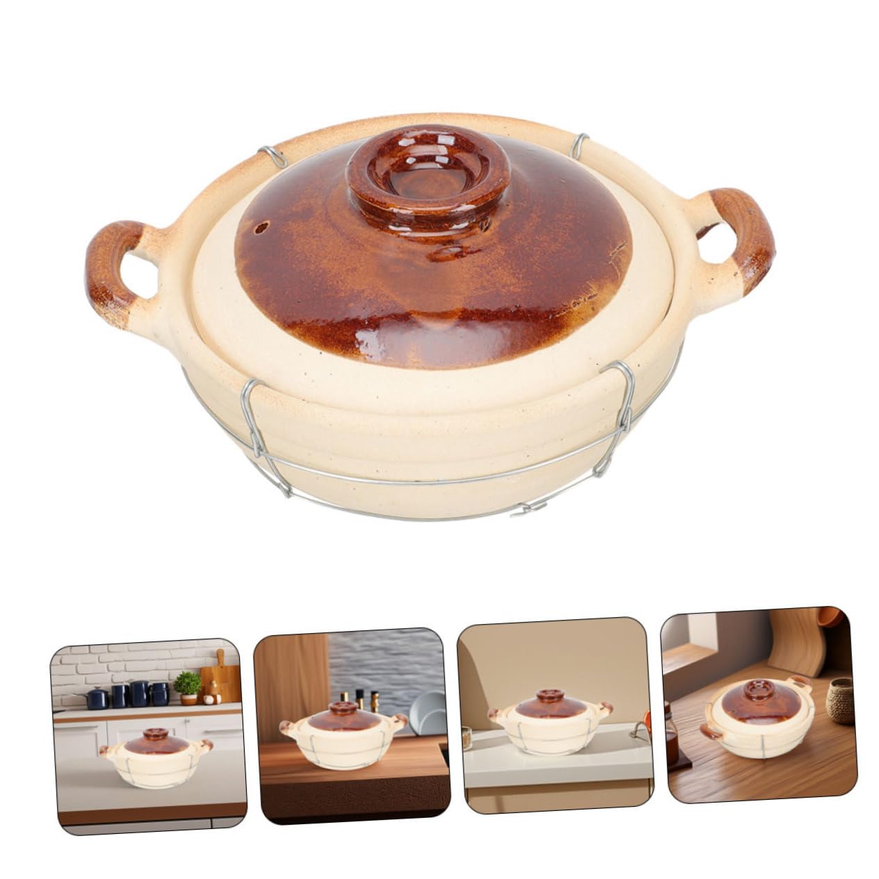 Cazuela de Barro con Asa, 2 Piezas, Beige, para Guisos | Arcilla y Hierro, Resistente a Altas Temperaturas, Diseño Ergonómico del Mango