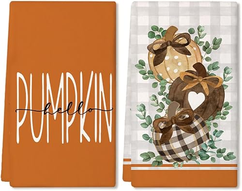 Miniatura 1 de ARKENY AD119 - Juego de 2 paños de cocina otoñales con hojas de eucalipto de calabaza naranja, 18 x 26 pulgadas, decoración del hogar de granja