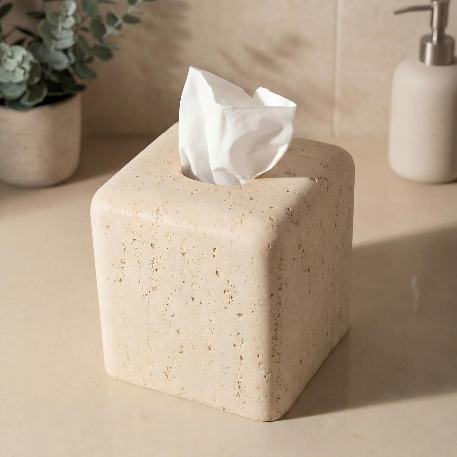 Weighted Travertine Stone Composite Tissue Box Cover Square with Anti-Slip Pads – Artisanal Stone Tissue Holder & Tissue Box Holder for Bathroom, Living Room & Office, Rounded Corners