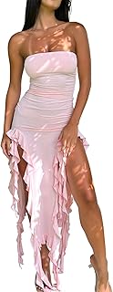 Balimtoy Women's Y2k Ruffle Strapless Split Thigh Ruched Bodycon Midi Tube Dress for Formal Summer Party