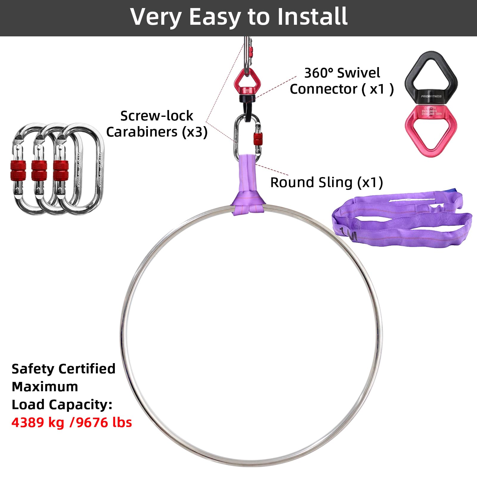 PRIOR FITNESS Juego de aros profesionales Lyra, equipo de anillo aéreo sin pestañas con accesorios completos de aparejo