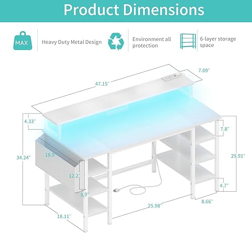 Miniatura 2 de Lufeiya - Escritorio blanco con estantes de almacenamiento - Escritorio de oficina en casa de 47 pulgadas para juegos con soporte para monitor,