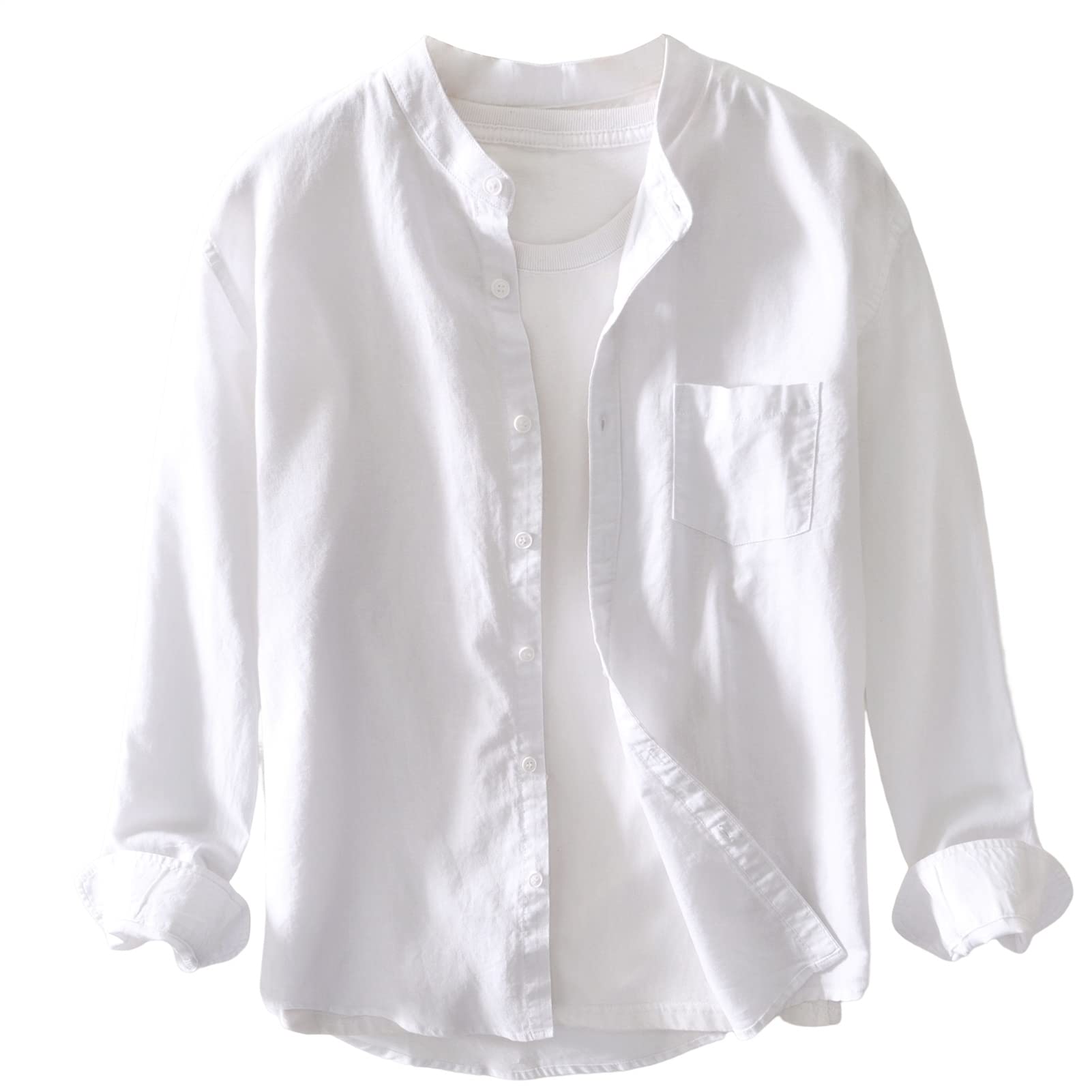 GIBZ Camisas de Lino con Botones para Hombre Manga Larga Casual Camisa de Algodón Color Sólido Sin Cuello Shirt