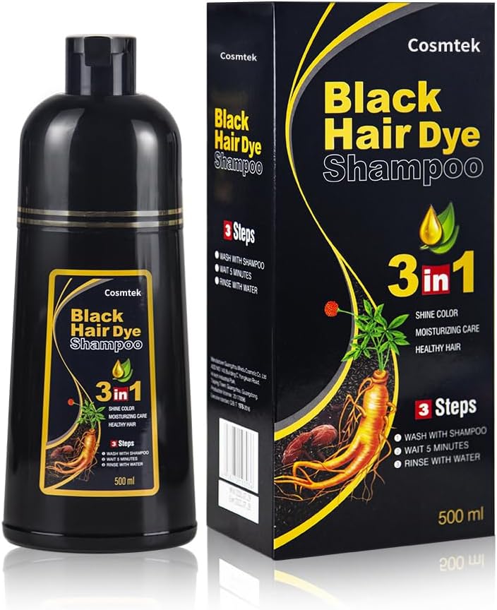 Champú para Teñir El Cabello Negro 3 en 1, Champú Colorante para Hombres y Mujeres, Cobertura de Canas con Ingredientes Herbales, 500ml