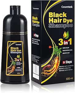 Champú para Teñir El Cabello Negro 3 en 1, Champú Colorante para Hombres y Mujeres, Cobertura de Canas con Ingredientes Herbales, 500ml
