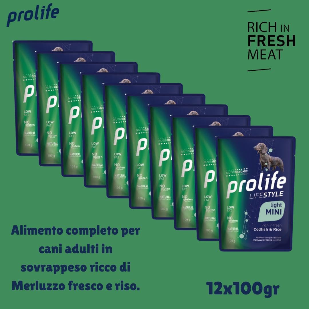 Prolife Umido Cane Adult Small Mini Light Lifestyle 100gr, alimento completo per cani adulti di tutte le taglie in sovrappeso gusto MERLUZZO e RISO | 12 bustine da 100 grammi l’una.