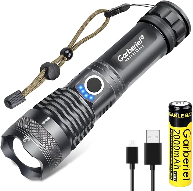 Garberiel LED Torch Super Bright 4000 Lumens Powerful Torch USB Rechargeable Flashlight 5 Modes Tactical Zoomable Waterproof Torch for Camping, Outdoor, Emergency with Battery