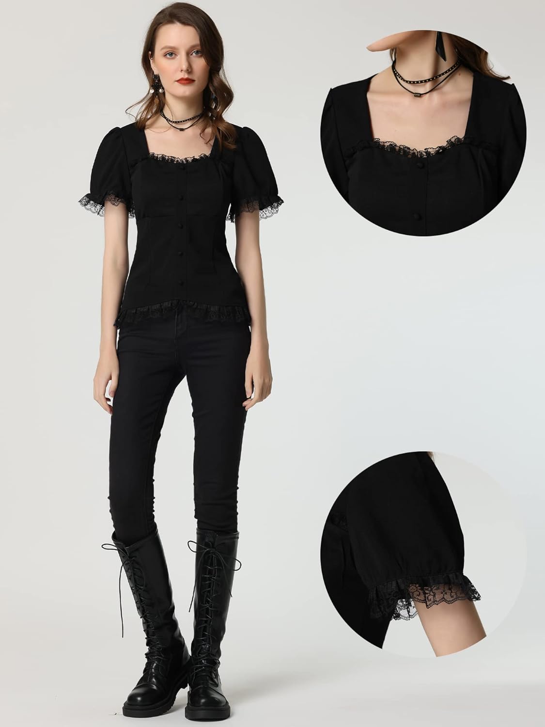 Allegra K Victorian Shirt for Women's Sweetheart Neck Puff Sleeve Halloween Lace Up Gothic Blouse - Image 4