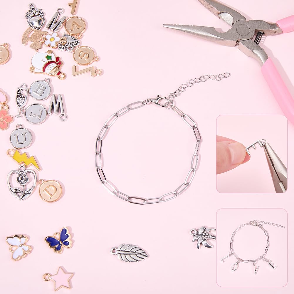 464 Stück Charm Armband Making Kit 20 Stück Silber und Silber Büroklammerkette Armband Buchstaben Herz Himmelskörper Charm mit Springring Komplette Schmuck Herstellung Zubehör