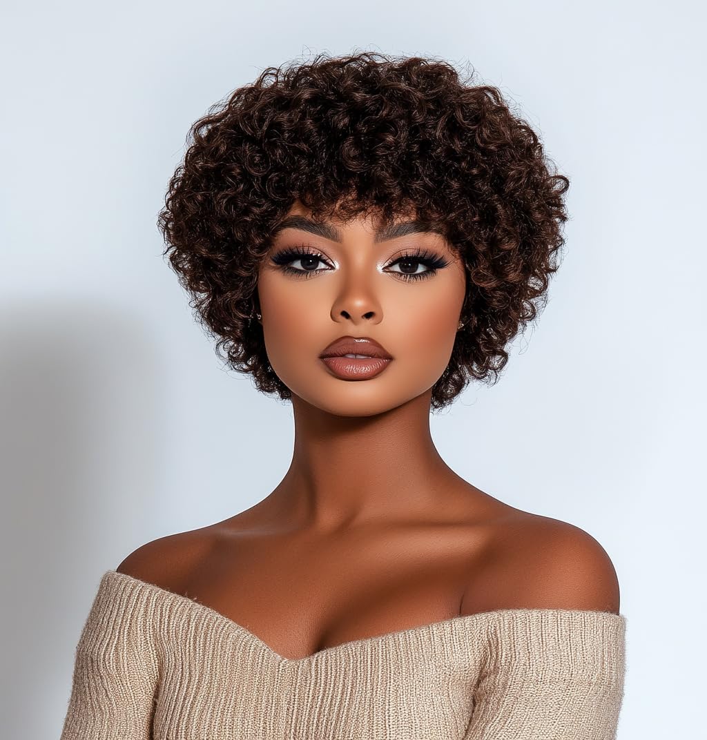 Perruque Bouclée avec 100% Cheveux Naturels - Perruque Afro Bouclée avec Coupe Pixie - Cheveux Remy Brésiliens (20 cm, 4)