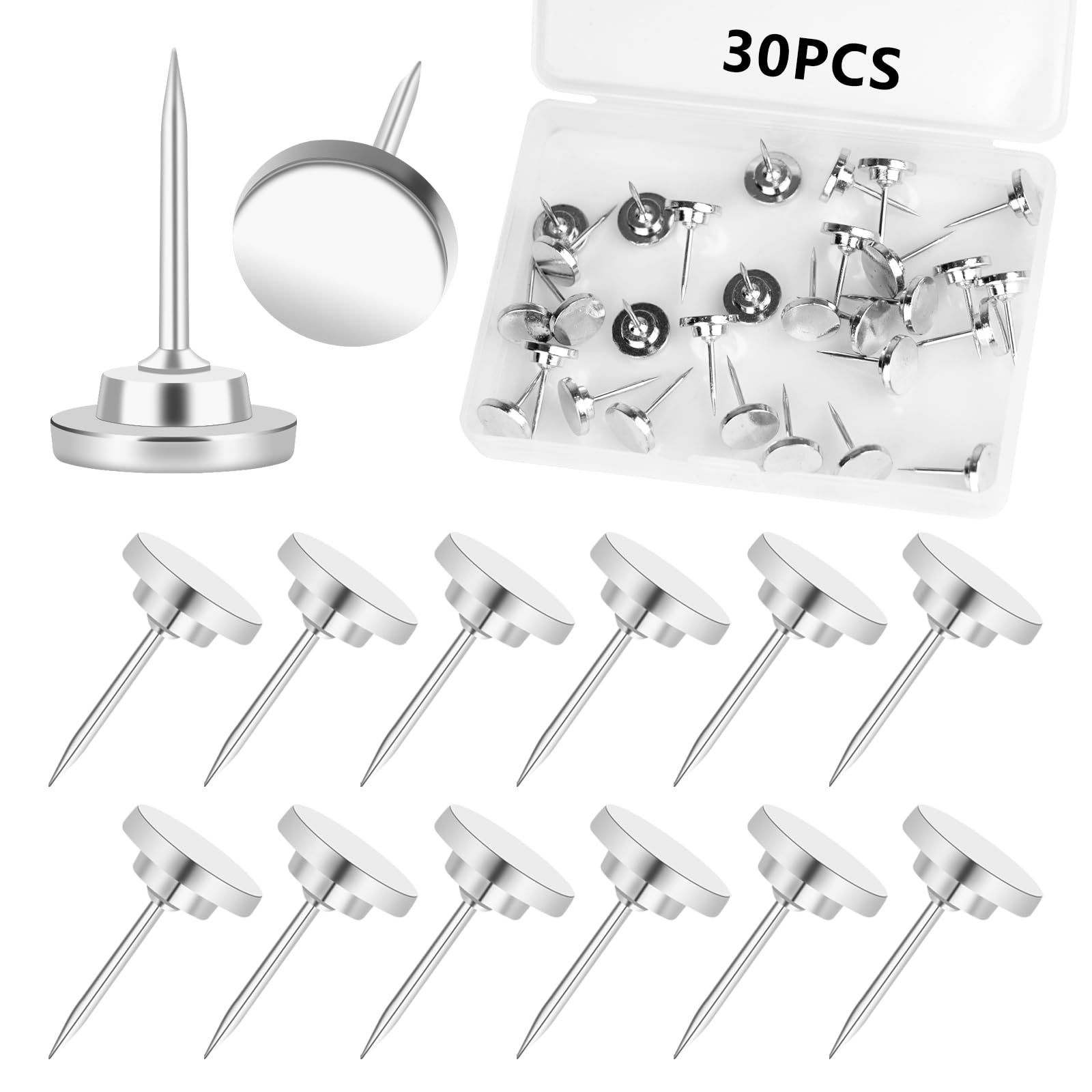 30 Pack Metal Push Pins Thumb Tacks for Walls Multipurpose Drawing Pins for Cork Board Bulletin Board Maps Office Home Decor (Silver)