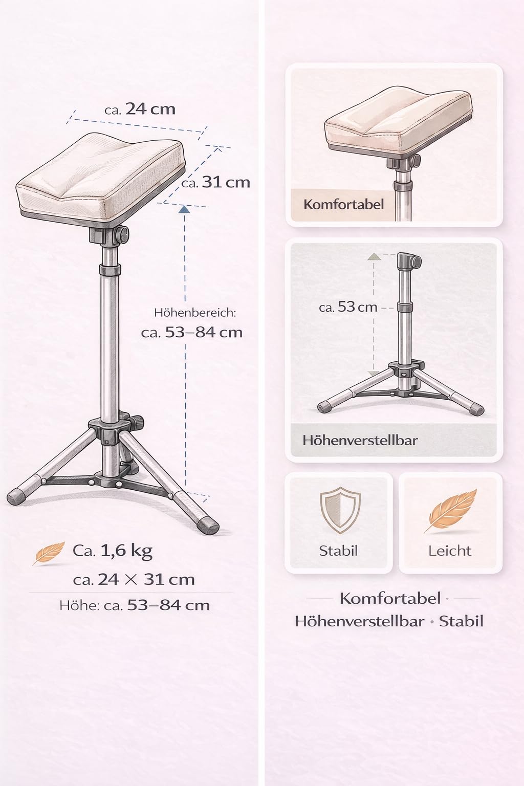 Perfetto XL Beinstütze für mobile Fußpflege & Podologie – höhenverstellbare Beinauflage aus Aluminium – leicht & stabil mit Tragetasche | CS Kosmetikvertrieb