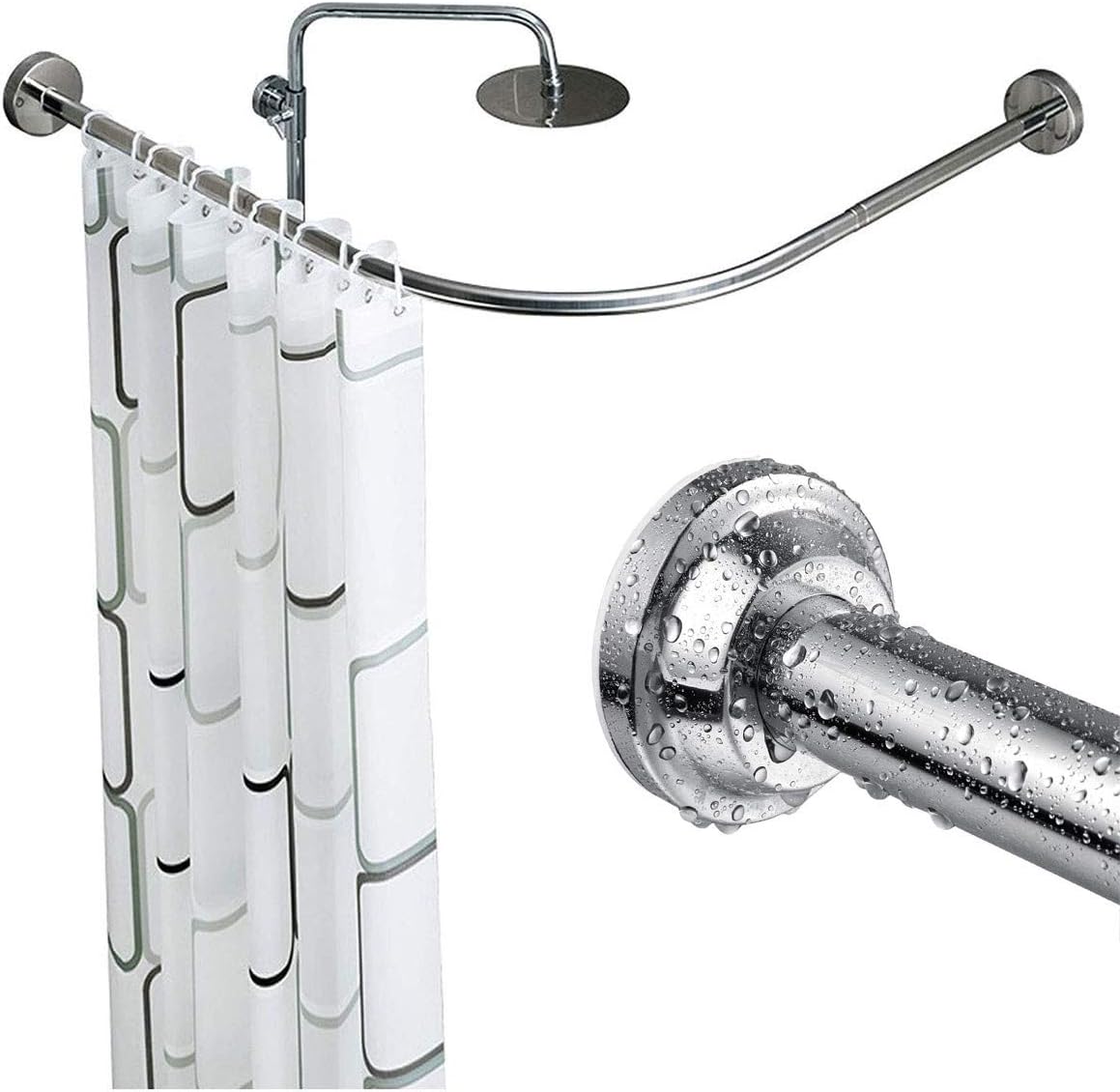 L Shaped Curved Shower Curtain Rod No Drilling for Bathroom Bathtub Corner Adjustable Extendable Bath Curtain Rail Bar Pole With Waterproof Curtain, 70 to 95 cm × 70 to 95 cm