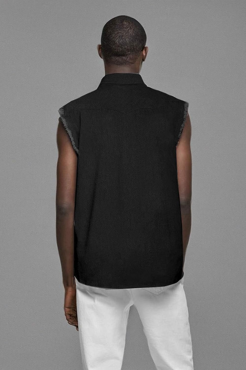 NUTEXROL Men's Sleeveless Denim/Cotton Shirt Biker Vest 2 Front Pockets - Image 8