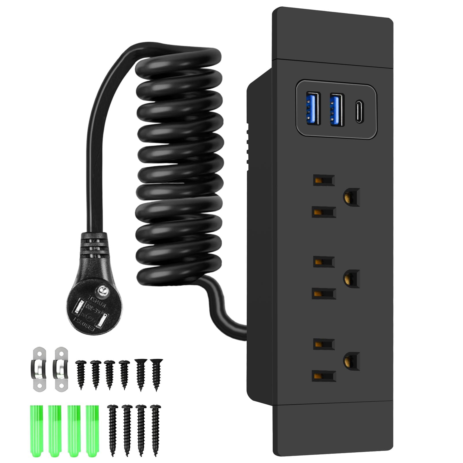 Drawer Outlet Kit with One USB-C, Two USB-A, and Three AC Outlets - 5FT Power Cord with Spring Cable, Docking Drawer Charging Station, UL Listed for