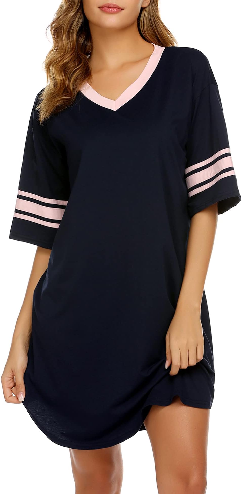 EkouaerWomens Nightgown Cotton Sleepwear Short Sleeve Sleep Shirt V Neck Color Block Nightshirt