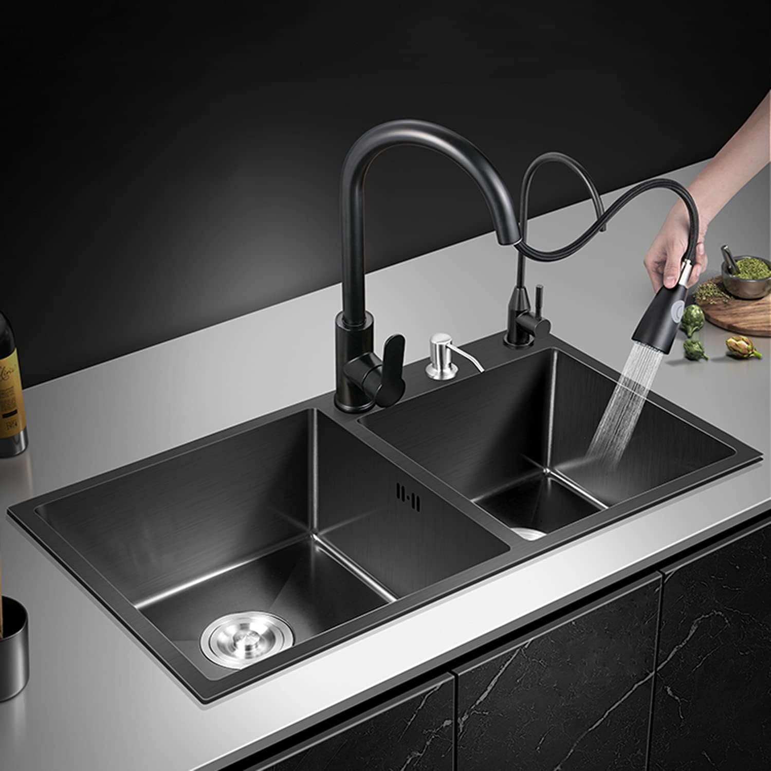 Restaurant Bar Counter Double Bowl Sink, Household Stainless Steel Large-Capacity Sink, with Drainage Set (B 78 * 43 * 20cm) (B 78 * 43 * 20cm)