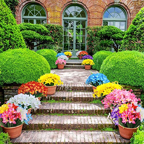 Ankey 12 Pcs Artificial Fake Flowers For Outdoor, Faux Plastic Fabric Flowers Lily Uv Resistant Plants Greenery For Indoor Outside Decor Garden Porch Window Box Pot Wedding Entryway Cemetery #TOP5