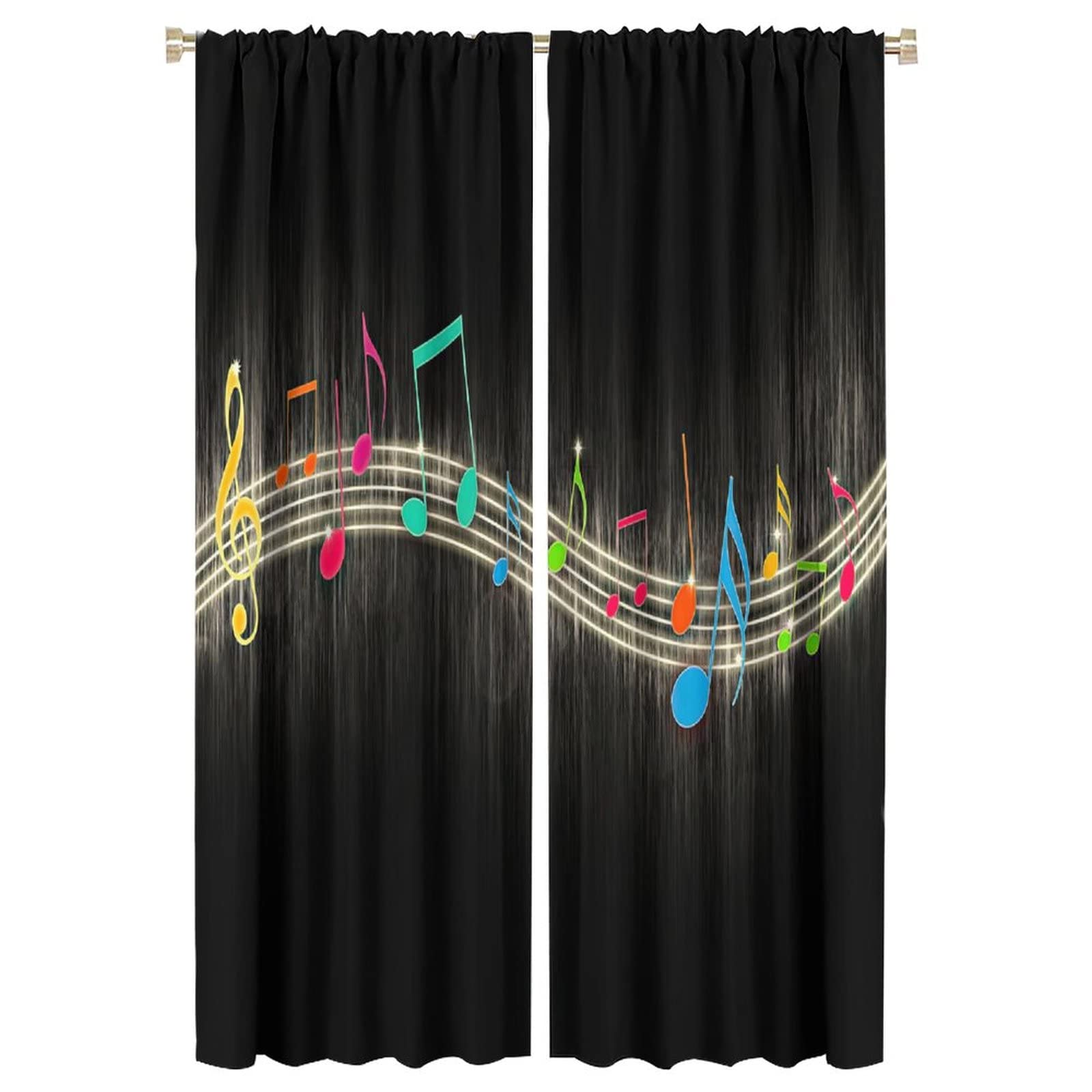 Music Window Curtain,Colorful Music Note Black Background Window Treatments Curtains for Teens Boys Bedroom Living Room Blackout Drapes W42xL63in