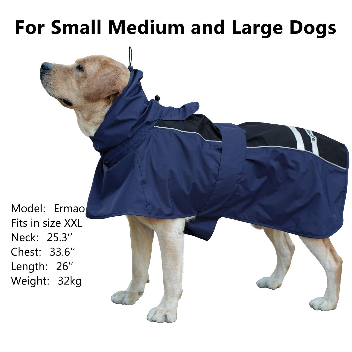 MAMORE Impermeabile per cani, leggero, con striscia riflettente, regolabile, con foro per imbracatura (blu navy e nero, XXL)