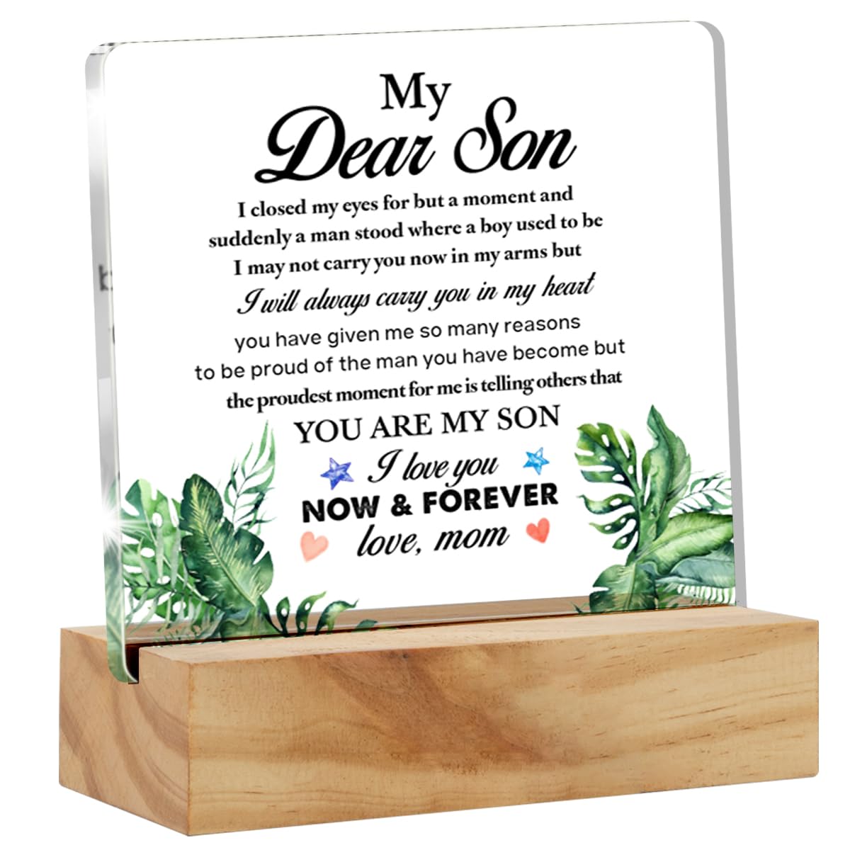 VAHATAN Decorative Signage, My Dear Son Acrylic Sign with Wood Stand, 4x4 inches, Tabletop Signage Decoration