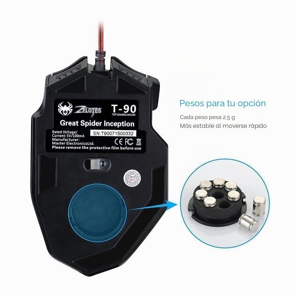 zelotes Ratón Gaming,9200DPI (6 Niveles),8 Botones Programable,Peso Regulable,RGB,Diseño Ergonómico,Ratón con Cable Óptico USB,para PC,Portátil,Negro