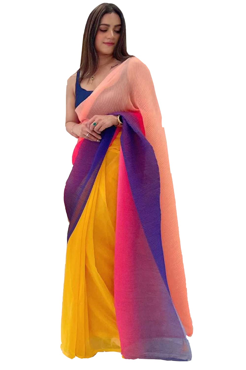 MISILYwomen's Full Crushed Georgette Tri-color saree with blouse piece