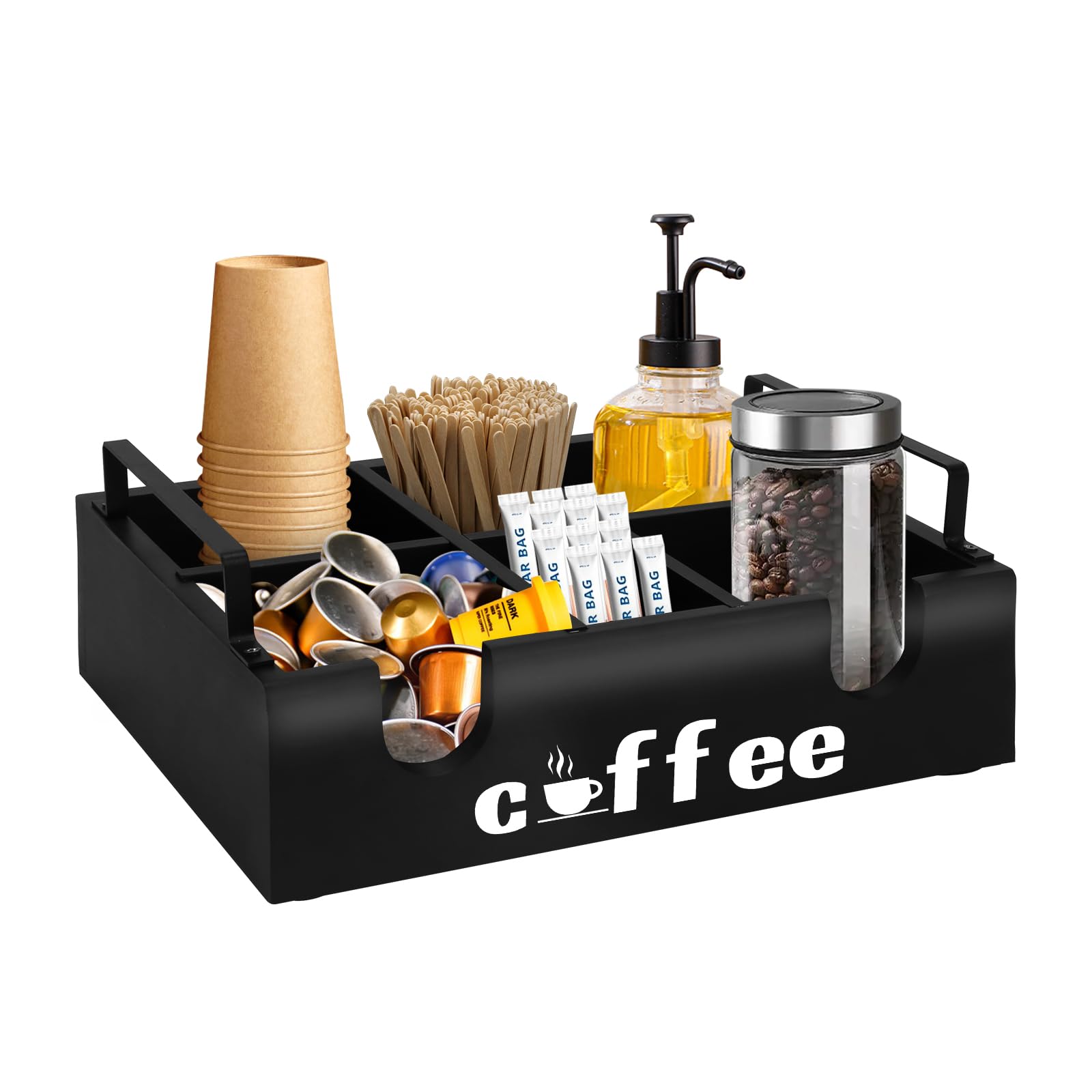 Coffee Station Organizer, Wood Coffee Cup Holder for Countertop, Removable Coffee Bar Organizer with Handle for Organizing Coffee Pod, K Cups, Disposable Cups, Lid, Stirrer