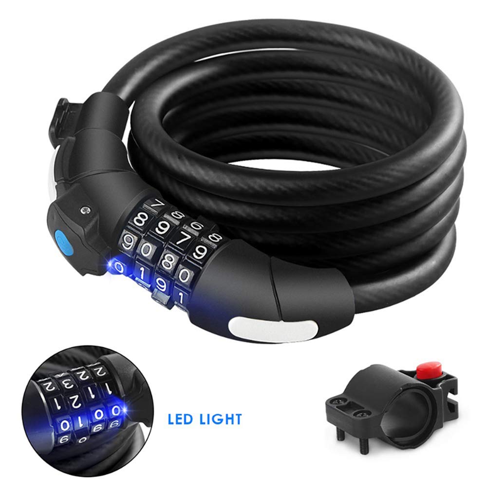 Candado de bicicleta Combinación de código de 4 dígitos Seguridad de bicicleta Candado de bicicleta de ciclismo antirrobo con soporte de candado Luz LED, para ciclos Bicicletas Motocicletas Scooters P