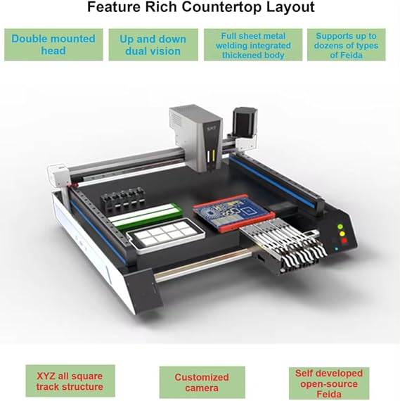 Desktop SMT Pick and Place Machine, High-speed Fully Automatic Dual Vision Surface Mounter, Equipped with a Vacuum Pump, 3 Cameras and 3 Three-position Electric Feeders