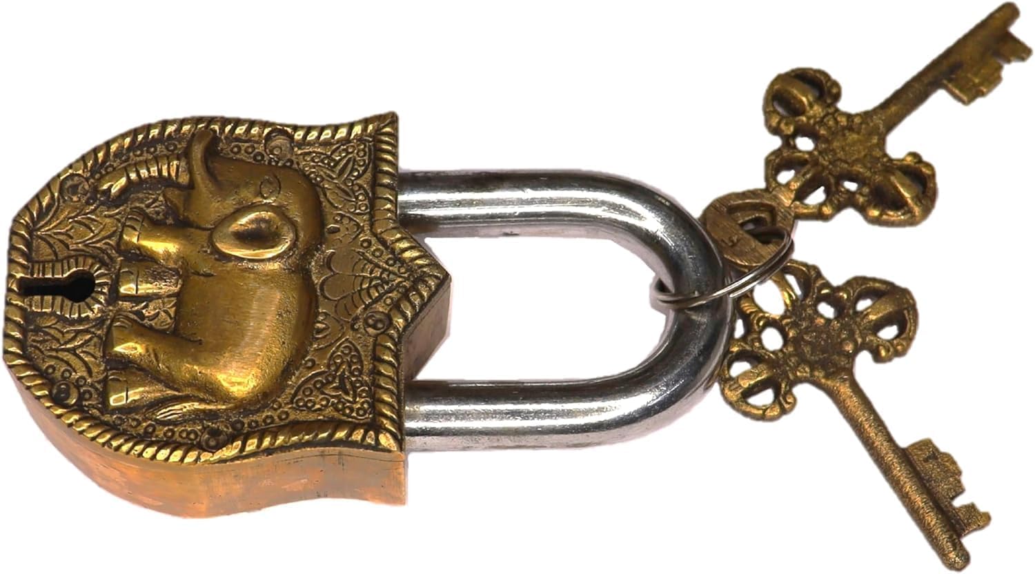 Elephant Engraved Door Lock Antique Style Handmade Brass Padlock with 2 Working Keys